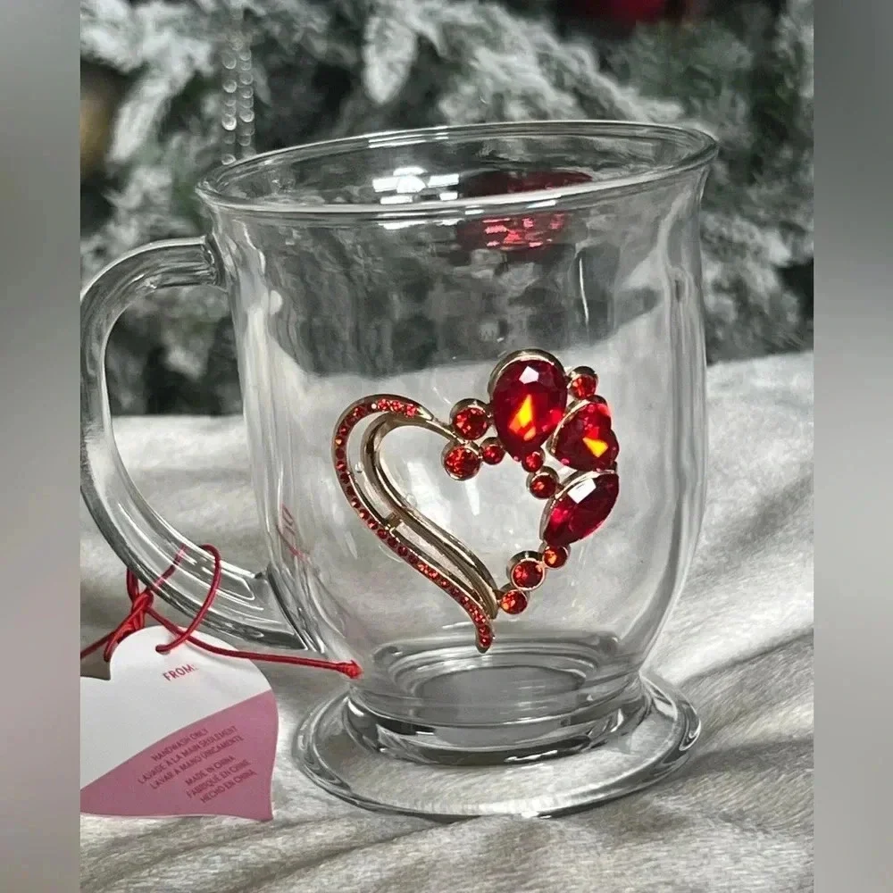 **Radiant Red Gemstone Heart Glass Mug – 15 oz** - Picture 2 of 7